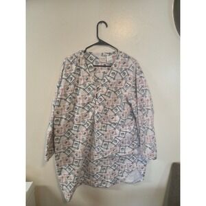 Simply Basic Womens 1XL Cotton Henley Top Floral Geometric Red White Blue